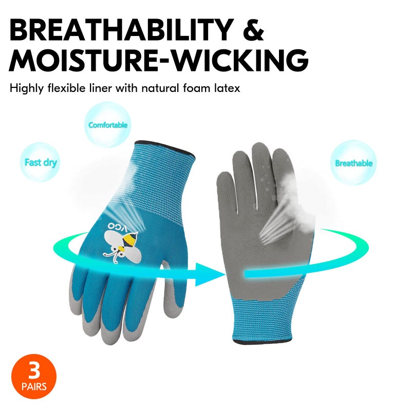 Vgo... 3-Pairs Age 7-9 Kids Gardening Gloves, Children Yard Work Gloves, Soft Safety Rubber Gloves (XS, KID-RB6013) - Image 5